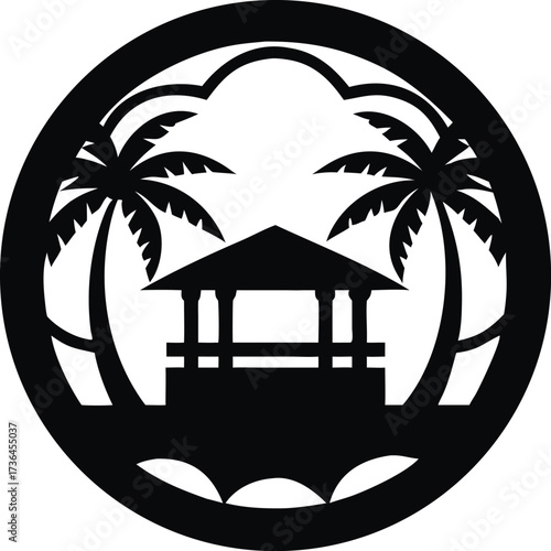 Luxurious tropical villa with circular frame illustration isolated on white background isolated on transparent background