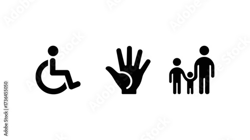 Black vector icons showing a wheelchair symbol, an open hand, and a family of three representing accessibility and inclusion
