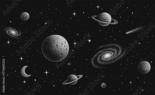 Black and white dotwork illustration set of cosmic objects - planets, galaxies, comet, moon, and stars. Hand-drawn stippling style astronomical artwork in monochrome