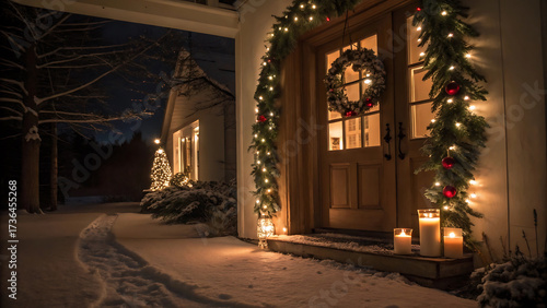 A Cozy Christmas Welcome Lit with Warmth on a Snowy Evening