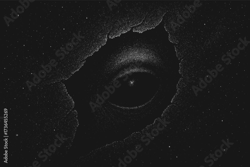 Black and white dotwork illustration of a cosmic rift revealing an alien eye. Hand-drawn stippling style surreal artwork symbolizing mystery, space and extraterrestrial presence.