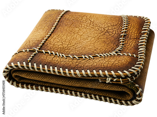 Folded brown distressed leather wallet with thick white stitching on a transparent background