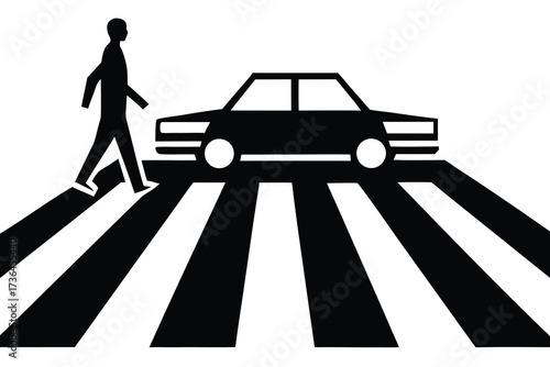 Black and White Person Crossing Zebra Stripes with Car Overlapping in the Background