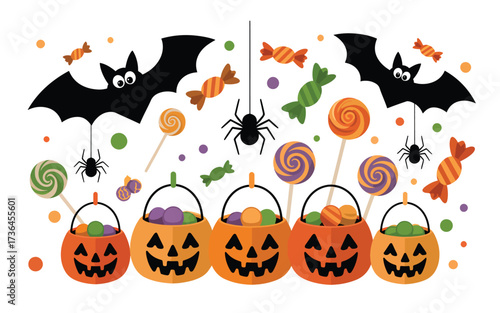 Halloween jack o lantern candy buckets bats and spiders