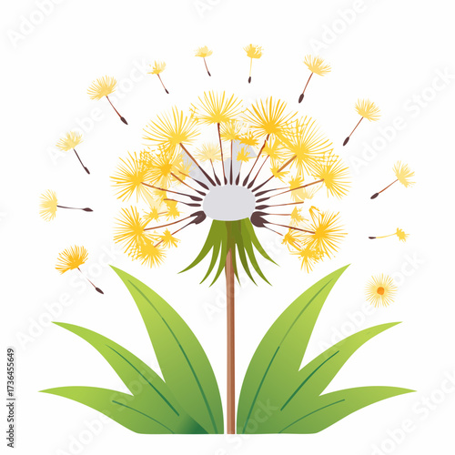 Vector Illustration of Stylized Yellow Dandelion with Flying Seeds