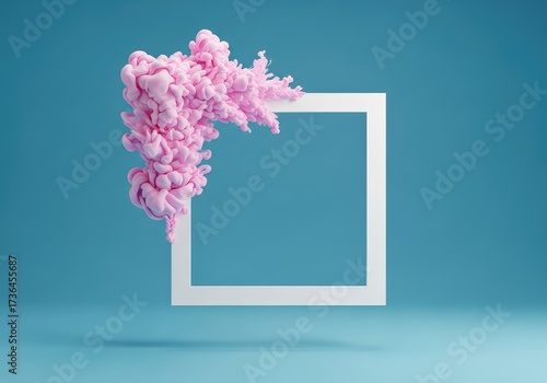 Vibrant pink abstract cloud bursts from white square frame contrasting against a calming blue backdrop with soft lighting showcasing detailed textures and a modern artistic composition