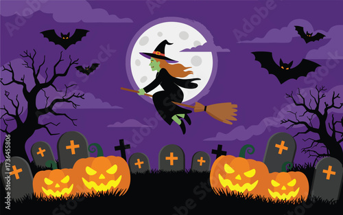 Green witch flies on broomstick past full moon over graveyard