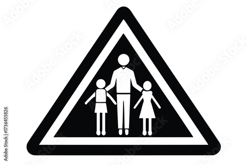 Black and White Road Sign Illustrating a Man and Two Children Crossing the Street