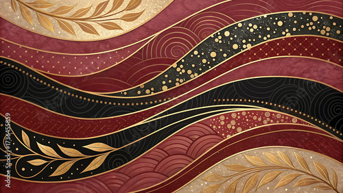 Abstract Red and Gold Elegance Flowing Layers of Artistic Design with Ornamental Leafs and Polka Dots Accents