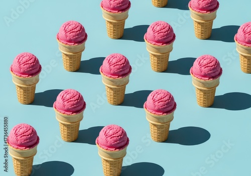 Vibrant pink ice cream cones arranged on a bright blue surface with sunny lighting showcasing the rich textures creating a playful colorful composition and a delicious visual