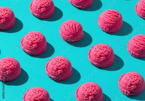 Vibrant pink ice cream scoops arranged on bright turquoise background with harsh sunlight creating dramatic shadows showcasing a refreshing summer dessert