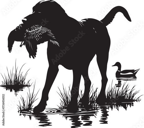 Black silhouette of a dog carrying a duck in its mouth in water with grass