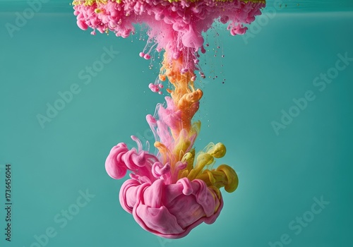 Vibrant pink yellow and orange paint blending in teal water displaying dynamic movement creating intricate textures with bright colors and a vivid visual display