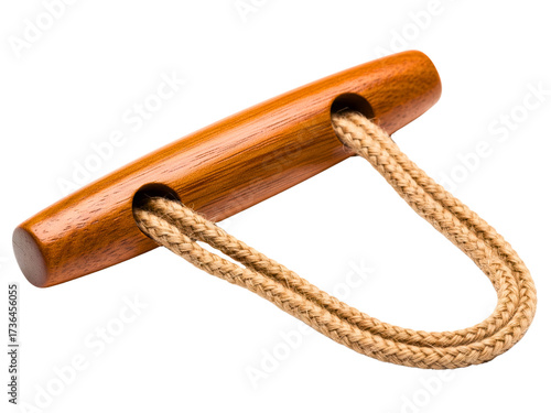 Wooden toggle handle with a thick rope loop on a transparent background