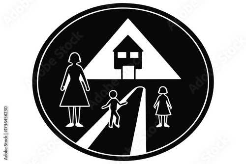 Black and White Roundel Depicting People Crossing Street Toward House Illustration Symbol