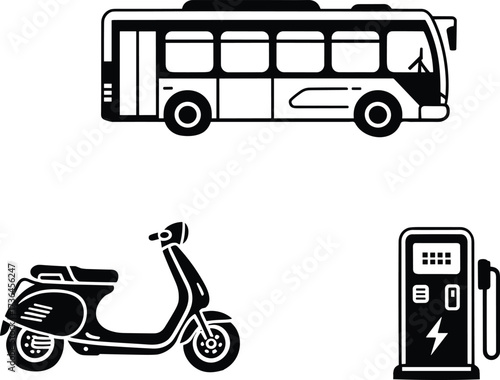 Black and white transport icons, modern bus, classic scooter, electric charging station illustration, sustainable urban mobility, eco travel concept artwork