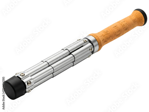 Collapsible telescopic metal wading staff with a cork handle on a transparent background