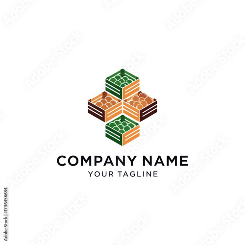 Modern logo design featuring four isometric crates overflowing with fresh green and produce, arranged in a cross pattern, ideal for agriculture, food, or delivery businesses, on a clean white