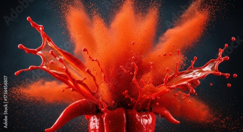 Vivid, dynamic orange paint explosion bursting outwards with liquid splash effects, particles, and powder, against a dark backdrop, portraying motion, color, and high-speed action.