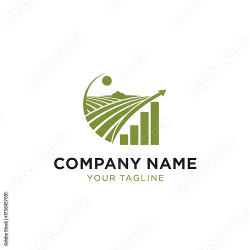 Modern Agricultural Business Logo with Green Fields, Sun, Bar Chart, and Text on White Background, Flat Vector Elements, Vector Illustration, Simple Vector, Stylized Vector Drawing, Vector Template,