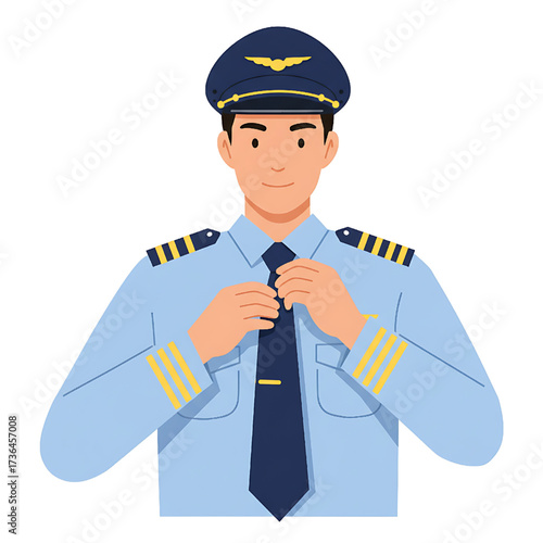 Smiling Pilot in Uniform, Adjusting Tie, Aviation, Flight Attendant, Vector Illustration