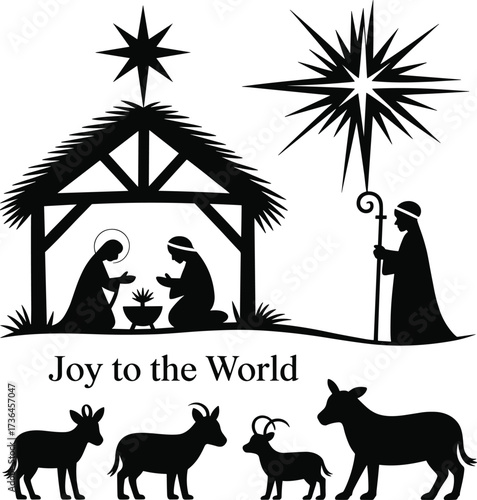 Beautiful Christmas nativity scene vector illustration with holy family, baby Jesus, shepherd, animals, shining Bethlehem star and Joy message