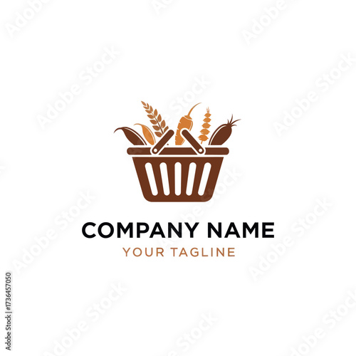 Agricultural Produce Market Basket Logo Design featuring Grains, Vegetables, and Leaves, ideal for Food, Farming, and Grocery Brands on a White Isolated Background, Flat Vector Elements, Vector