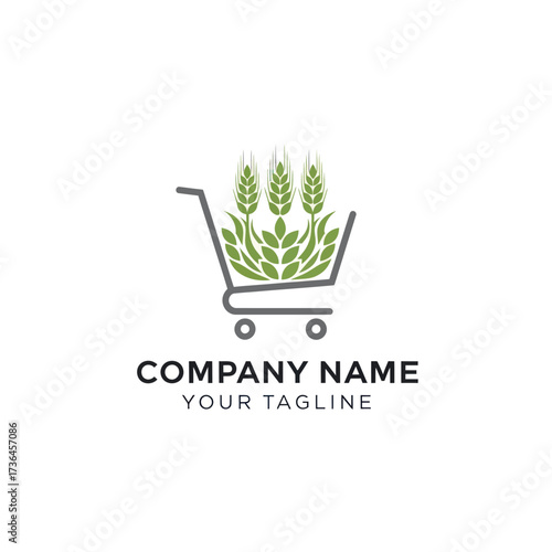 Green wheat and leaves inside a grey shopping cart logo on a white background, representing organic groceries or agricultural products., Flat Vector Elements, Vector Illustration, Simple Vector,