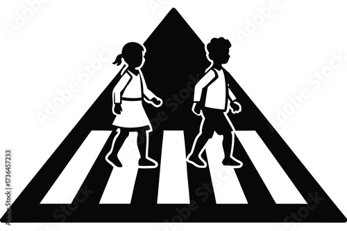 Black and White School Crossing Sign with Children Silhouette Illustration Safety Awareness