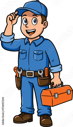 Cartoon handyman technician character in blue uniform with toolbox, smiling repair worker illustration, friendly mechanic service concept, 