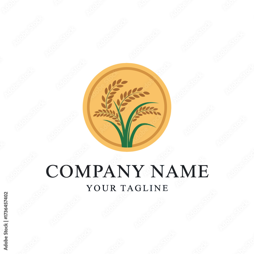 Fototapeta premium Elegant Golden Circle Rice Plant Logo Design for Agriculture and Food Companies with Customizable Text on White Background, Flat Vector Elements, Vector Illustration, Simple Vector, Stylized Vector