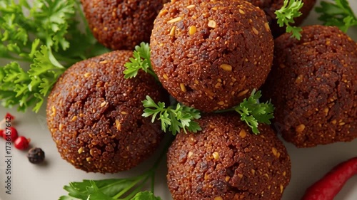 Crispy Falafel Delight: A close-up shot of golden, crispy falafel balls. The texture and warmth of the food is enhanced by vibrant green parsley.