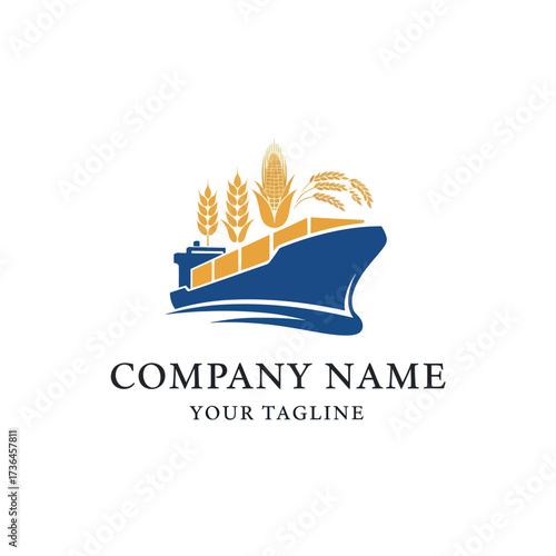 Modern Agricultural Shipping Logo featuring a Cargo Ship, Wheat, and Corn, Symbolizing Global Grain Trade and Logistics on a Clean White Background, Flat Vector Elements, Vector Illustration, Simple