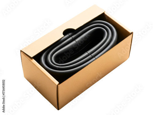 New bicycle inner tube made of black rubber folded in a box on a transparent background