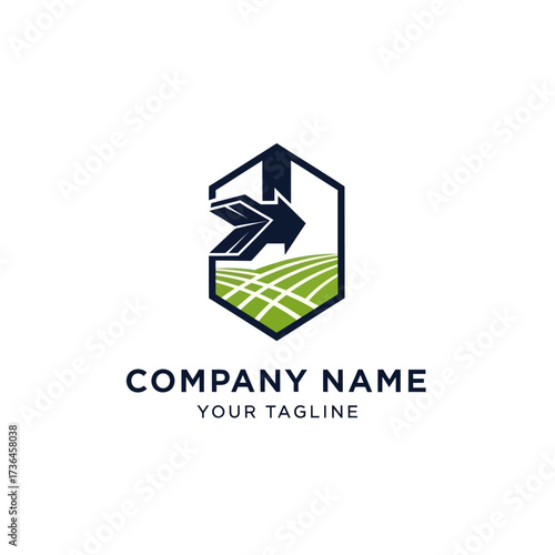 Abstract Hexagon Logo with Farm Field, House, and Arrows for Agriculture or Real Estate Company Branding, Flat Vector Elements, Vector Illustration, Simple Vector, Stylized Vector Drawing, Vector