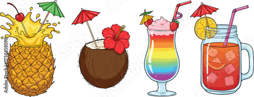 Tropical drinks, summer cocktails, pineapple beverage, coconut drink, rainbow layered cocktail, mason jar refreshment, exotic beverages, fruity drinks, colorful cocktails, vacation drinks