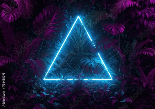 A neon illuminated triangle centered amidst lush vibrant foliage with glowing electric blue light enhancing rich purple and emerald tones creating a mystical forest scene