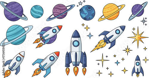 Colorful space rockets, planets, galaxy stars, cosmic exploration, astronomy universe design, futuristic outer space elements, vector illustration