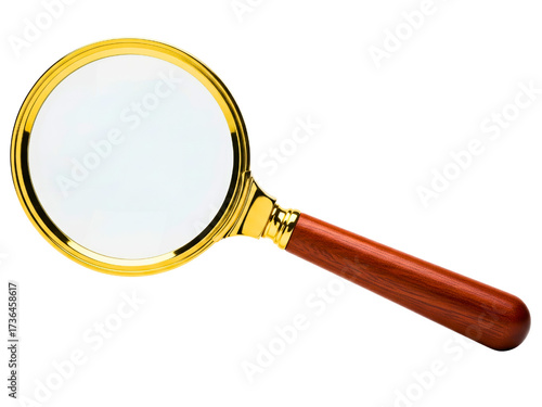 Classic magnifying glass with a gold frame and a wooden handle on a transparent background