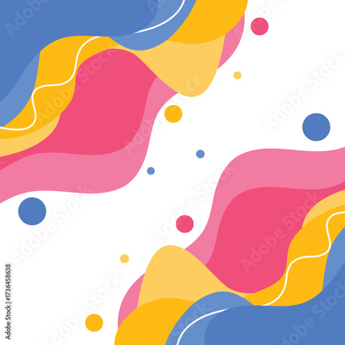 Background Liquid waves shapes. Yellow pink and blue color banner. Memphis beautiful fluid backdrop