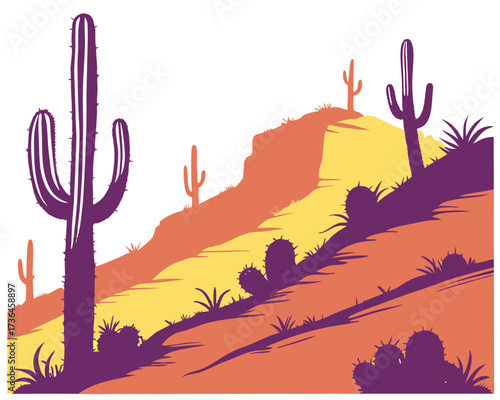 Desert with cactus vector illustration  isolated on white background