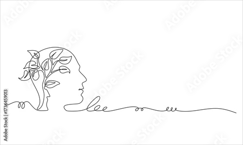 One continuous single line of human head with heart shape flower inside. Mental health concept vector illustration. Psychological therapy and treatment