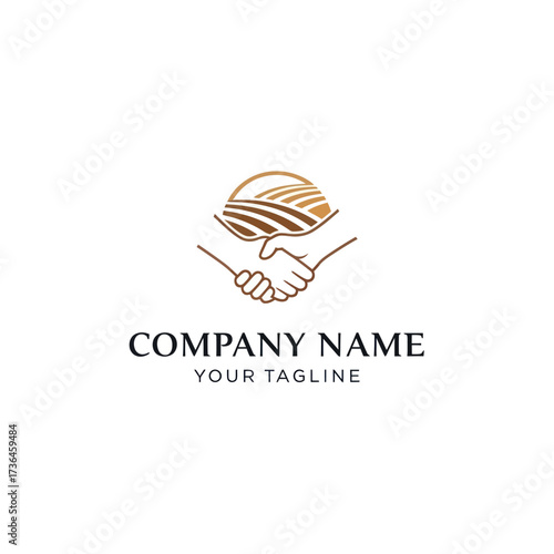 Agriculture business logo design featuring a handshake over stylized farm fields, symbolizing partnership, growth, and land management, with placeholder text for company name and tagline on a white