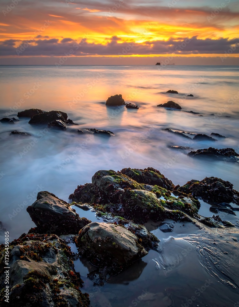 Naklejka premium Coastal sunset, tranquil rocks, soft waves