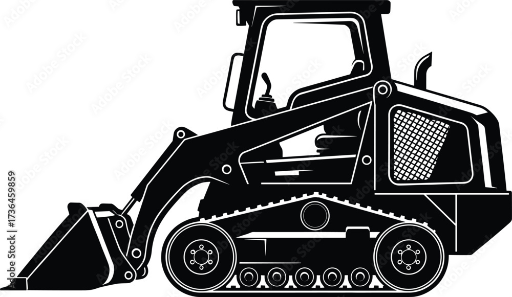 Naklejka premium Black and white vector illustration of compact track loader construction machine with hydraulic bucket, rubber tracks, and enclosed operator cab