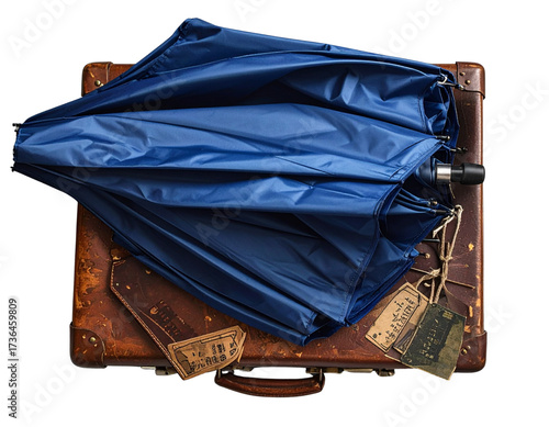 Minimal Folded Blue Umbrella with Travel Accessories