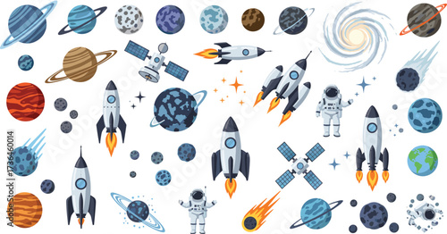 Outer space cartoon icons, rocket, astronaut, planets, galaxy, comet, stars, solar system, science exploration, vector illustration.