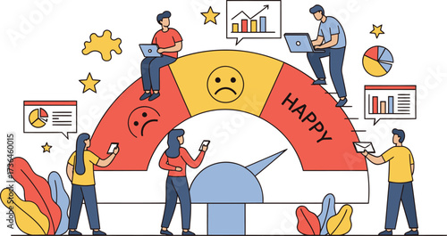 Vector art of customer satisfaction meter showing unhappy and happy faces with people interacting with data and charts