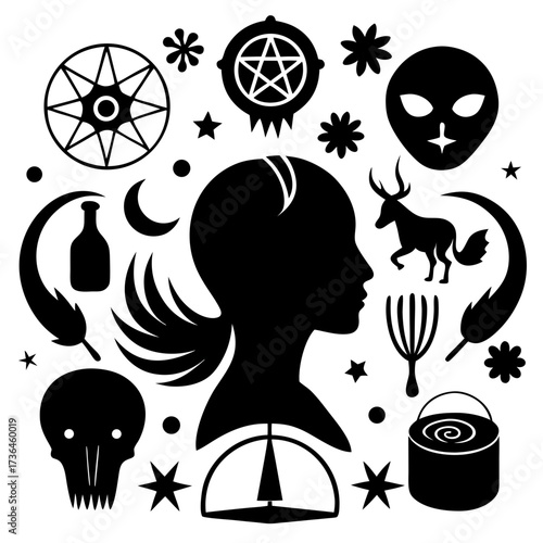 Intriguing silhouette collage with mystical symbols, featuring a woman's profile, celestial elements, and surreal creatures for captivating storytelling