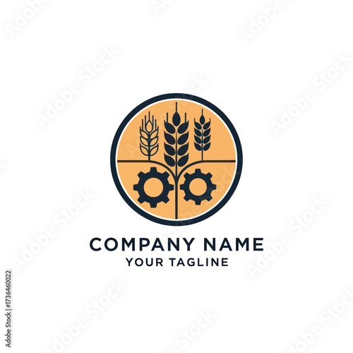 Modern Agri-Tech Logo: Stylized Wheat, Grain Crops, and Industrial Gears in a Circular Emblem with Dark Blue and Colors, Representing Agricultural Innovation and Technology on a White Background.,